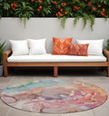 8 Round Blue Round Abstract Washable Non Skid Indoor Outdoor Area Rug