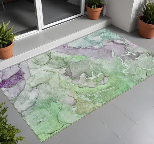 2 X 3 Green and Purple Abstract Washable Indoor Outdoor Area Rug