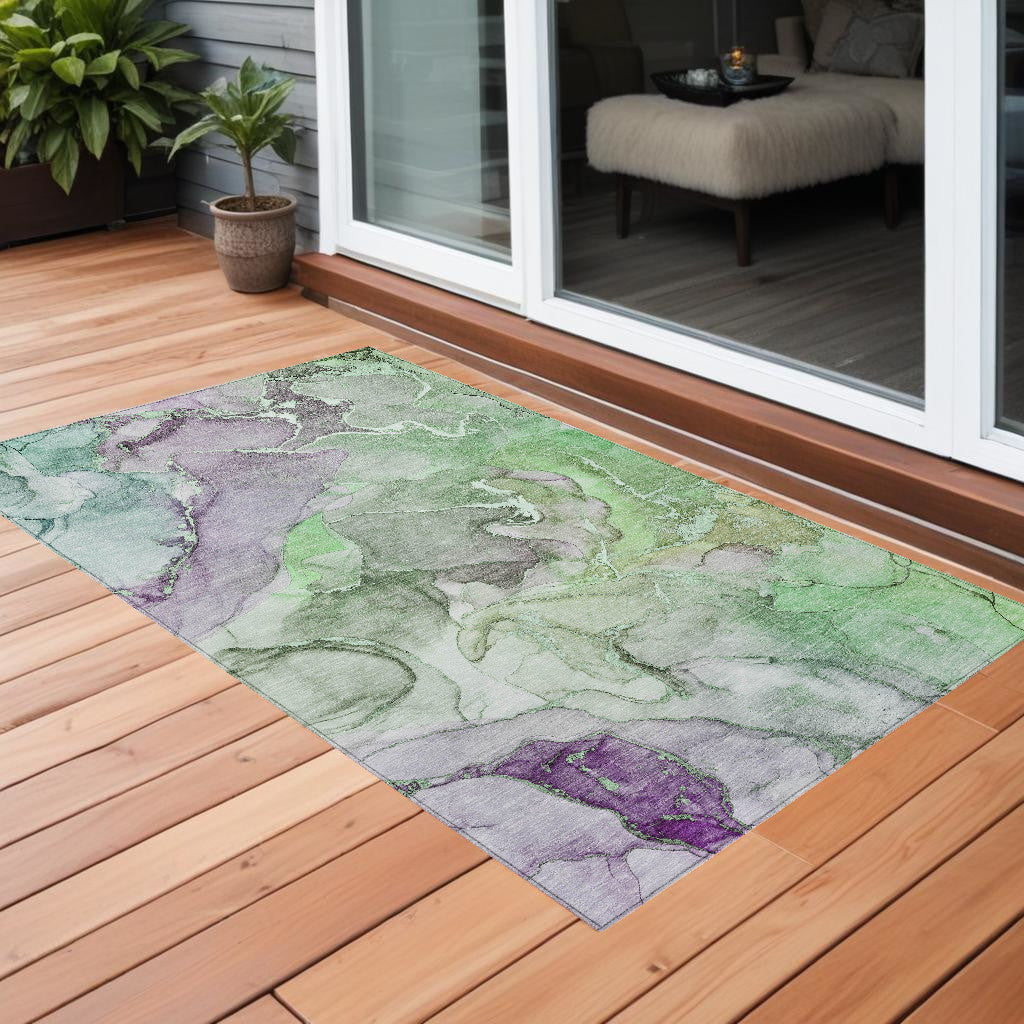 3 X 5 Green Abstract Washable Non Skid Indoor Outdoor Area Rug