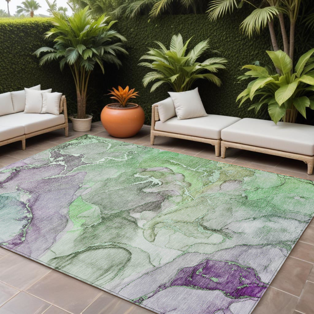 8 X 10 Green Abstract Washable Non Skid Indoor Outdoor Area Rug