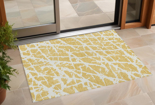 2 X 3 Gold and White Abstract Washable Non Skid Indoor Outdoor Area Rug