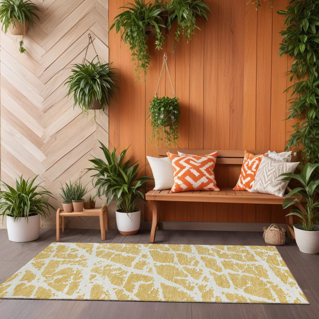 8 Runner Gold and White Abstract Washable Non Skid Indoor Outdoor Runner Rug