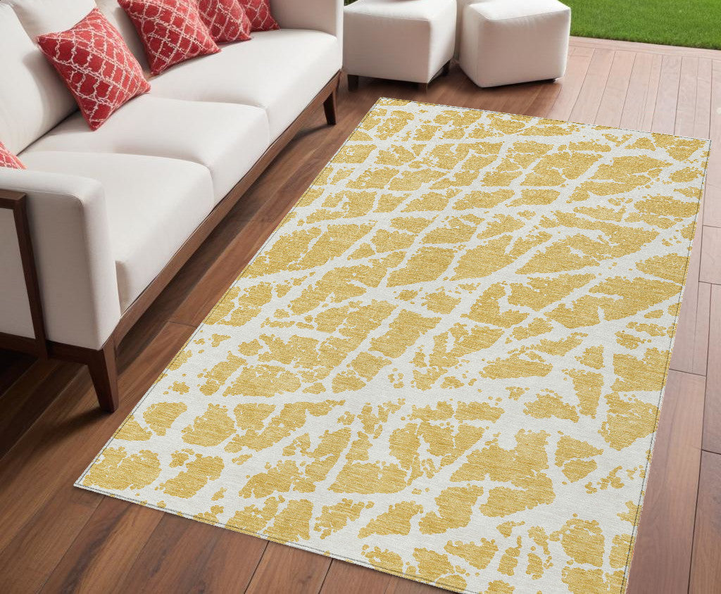 5 X 8 Gold and White Abstract Washable Non Skid Indoor Outdoor Area Rug