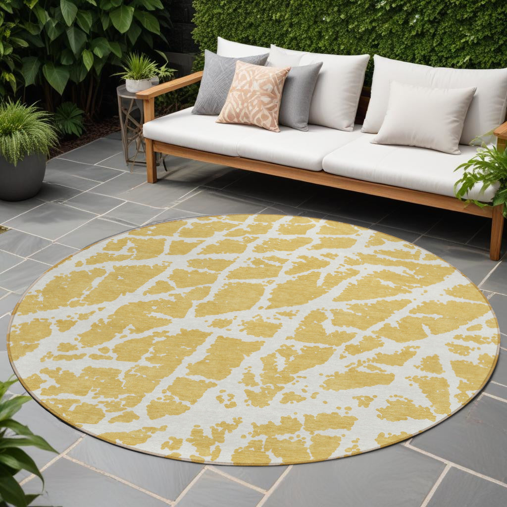 8 Round Gold and White Round Abstract Washable Non Skid Indoor Outdoor Area Rug