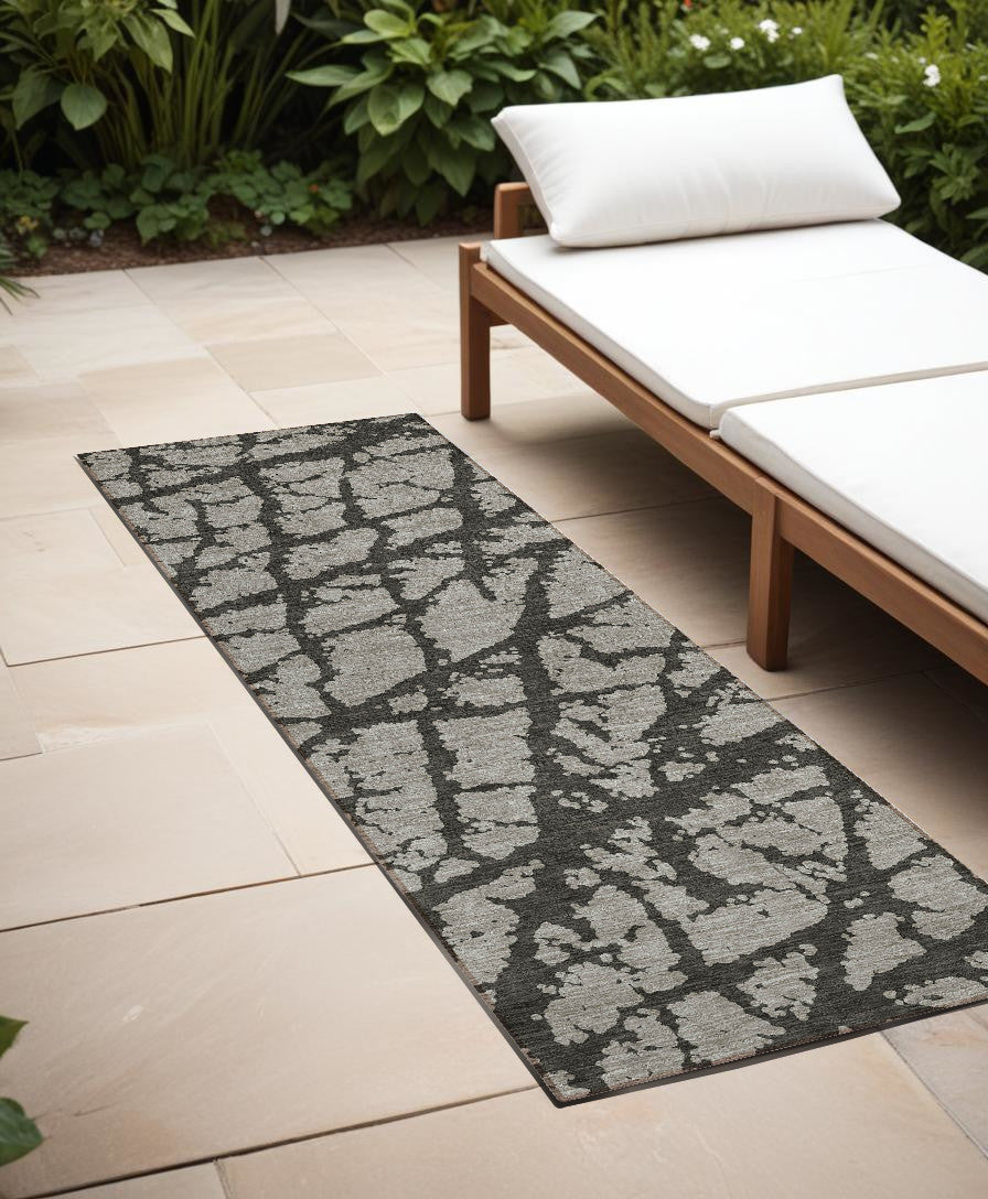 8 Runner Gray and Black Abstract Washable Non Skid Indoor Outdoor Runner Rug