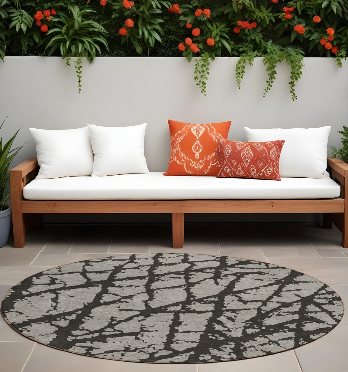 8 Round Gray and Black Round Abstract Washable Non Skid Indoor Outdoor Area Rug