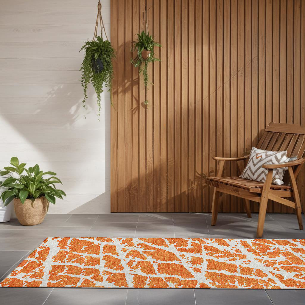 8 Runner Orange and White Abstract Washable Non Skid Indoor Outdoor Runner Rug