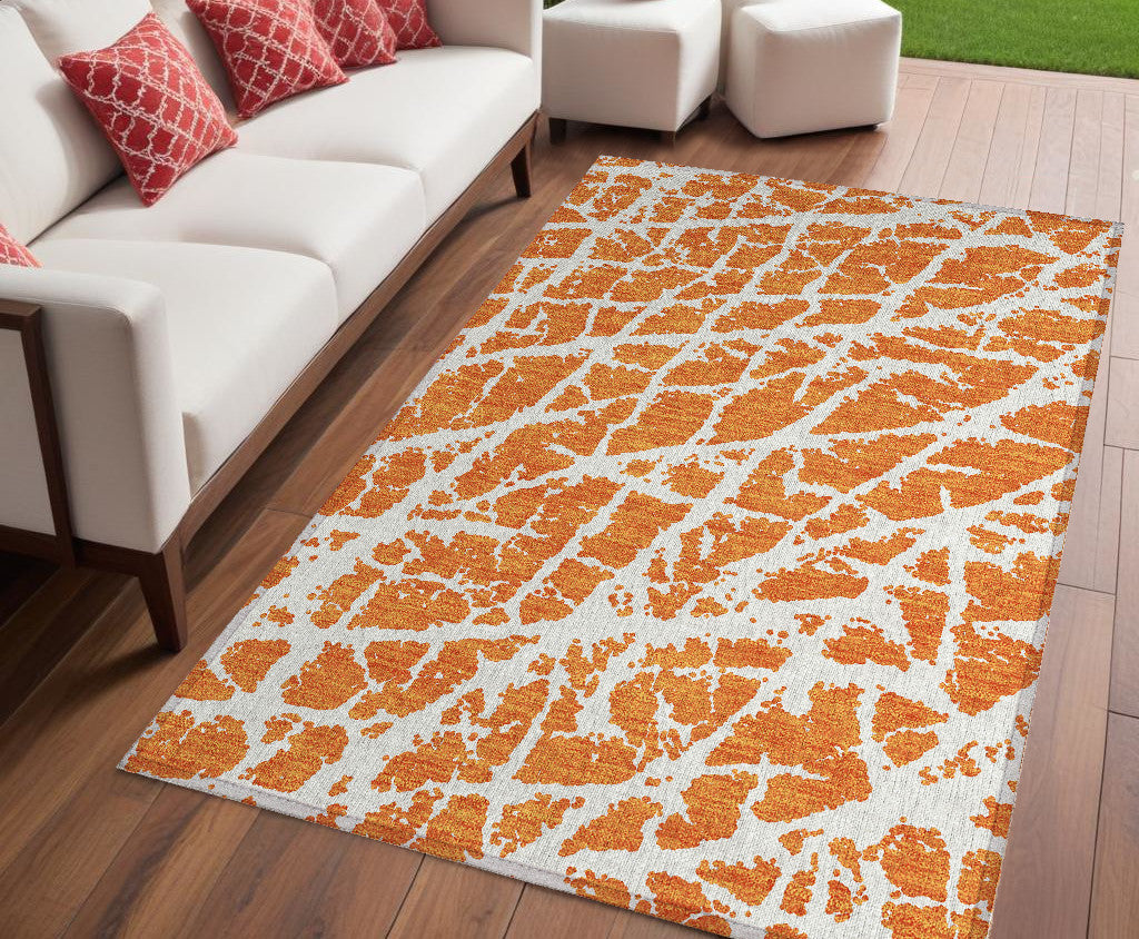 5 X 8 Orange and White Abstract Washable Non Skid Indoor Outdoor Area Rug
