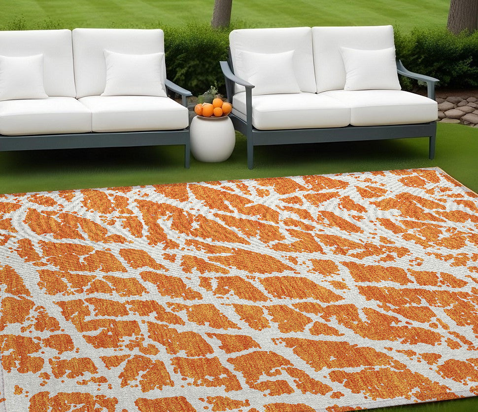 9 X 12 Orange and White Abstract Washable Non Skid Indoor Outdoor Area Rug