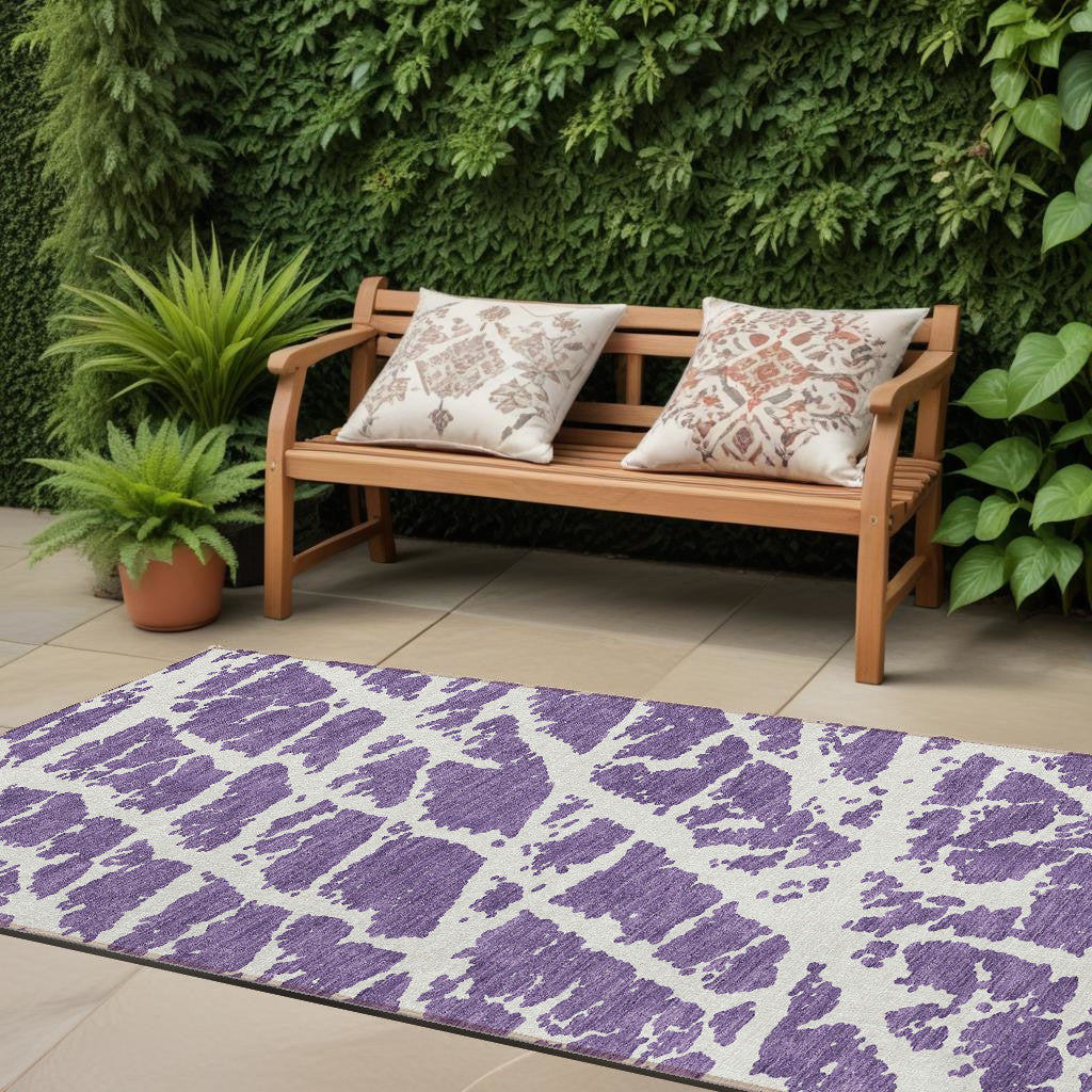 8 Runner Purple and White Abstract Washable Non Skid Indoor Outdoor Runner Rug