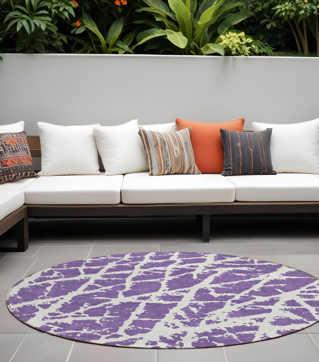 8 Round Purple and White Round Abstract Washable Non Skid Indoor Outdoor Area Rug