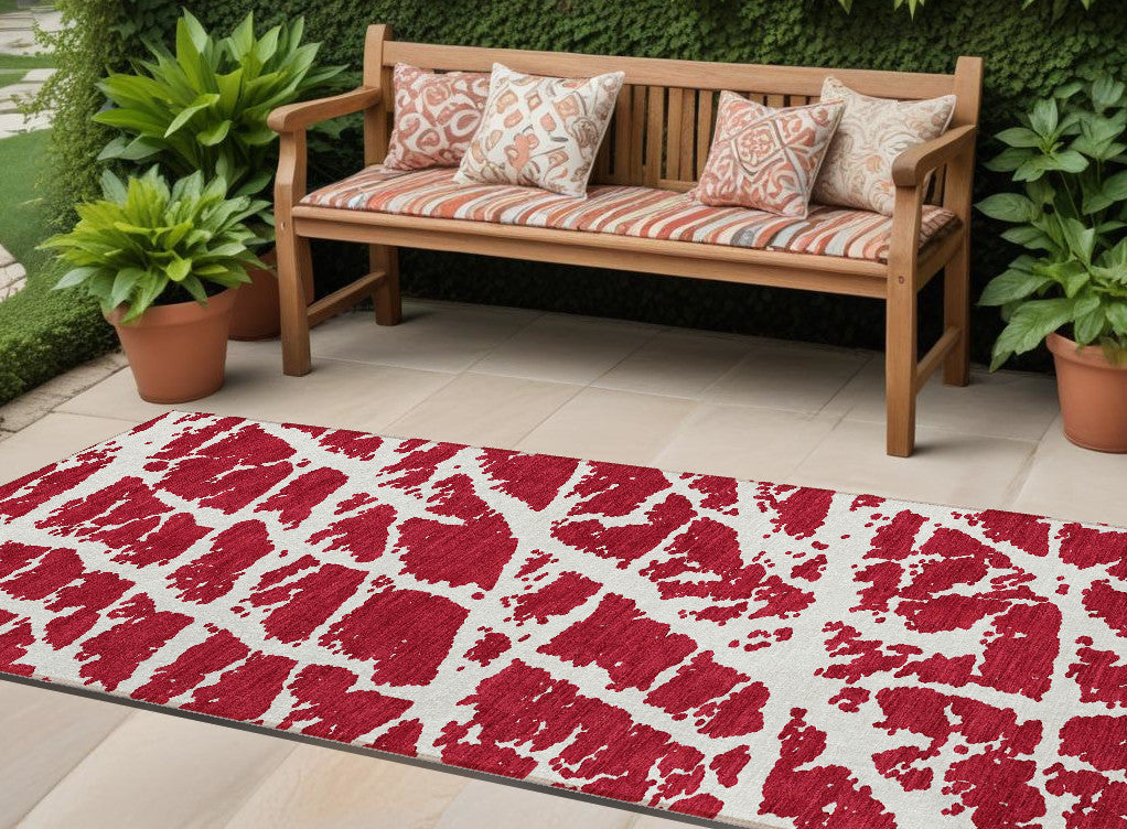 8 Runner Red and White Abstract Washable Non Skid Indoor Outdoor Runner Rug