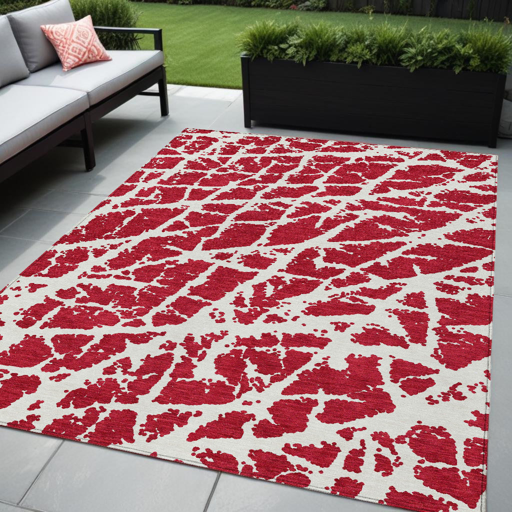 5 X 8 Red and White Abstract Washable Non Skid Indoor Outdoor Area Rug
