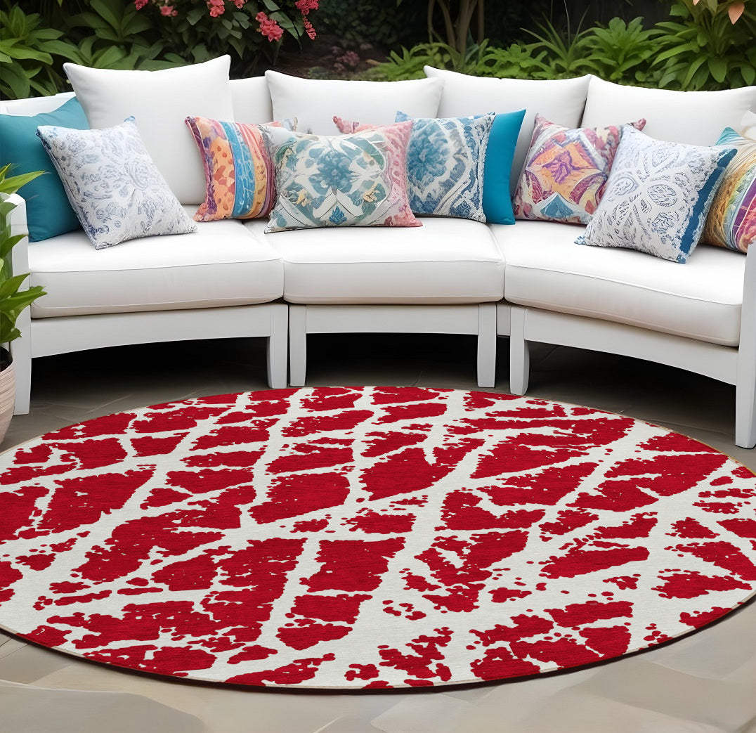 8 Round Red and White Round Abstract Washable Non Skid Indoor Outdoor Area Rug