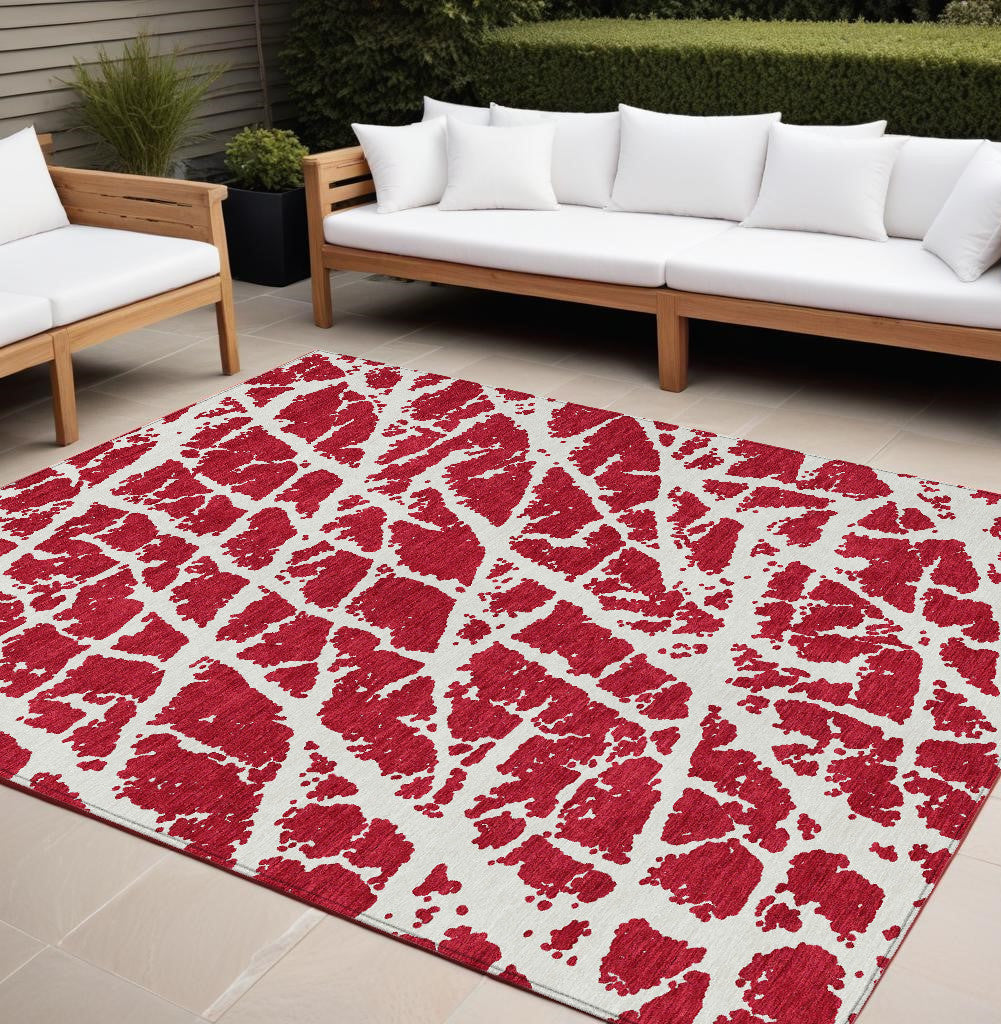 10 X 14 Red and White Abstract Washable Non Skid Indoor Outdoor Area Rug
