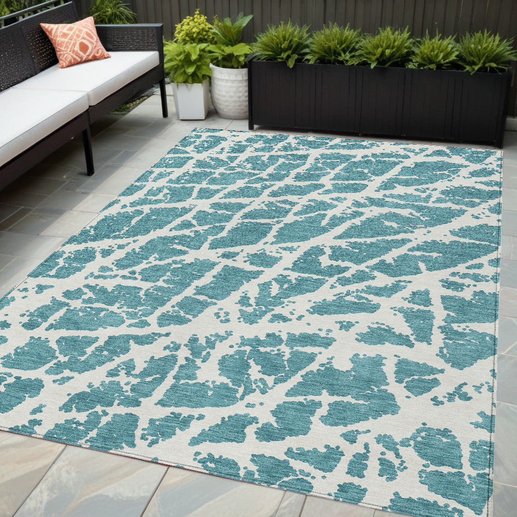 5 X 8 Teal Abstract Washable Non Skid Indoor Outdoor Area Rug