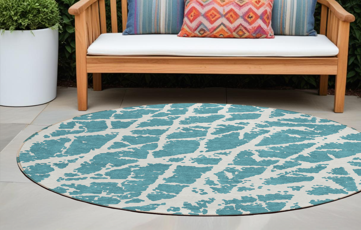 8 Round Teal Round Abstract Washable Non Skid Indoor Outdoor Area Rug