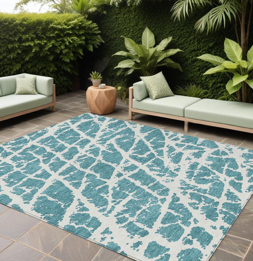9 X 12 Teal Abstract Washable Non Skid Indoor Outdoor Area Rug