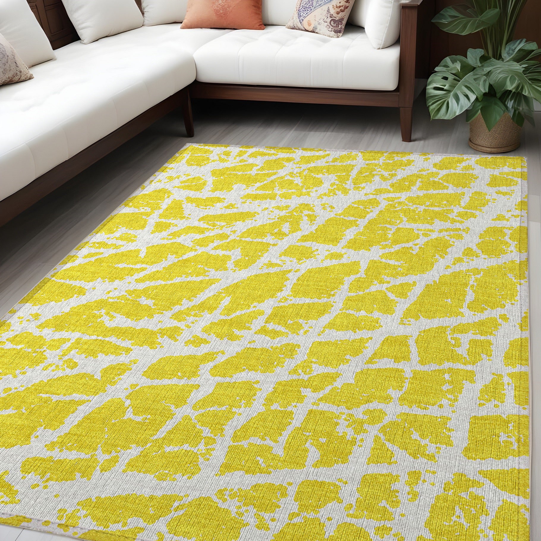 5 X 8 Yellow and White Abstract Washable Non Skid Indoor Outdoor Area Rug