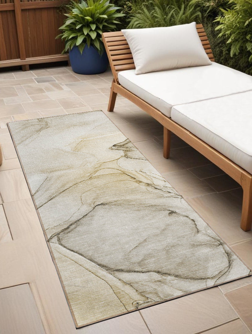 8 Runner Beige and Gray Abstract Washable Non Skid Indoor Outdoor Runner Rug