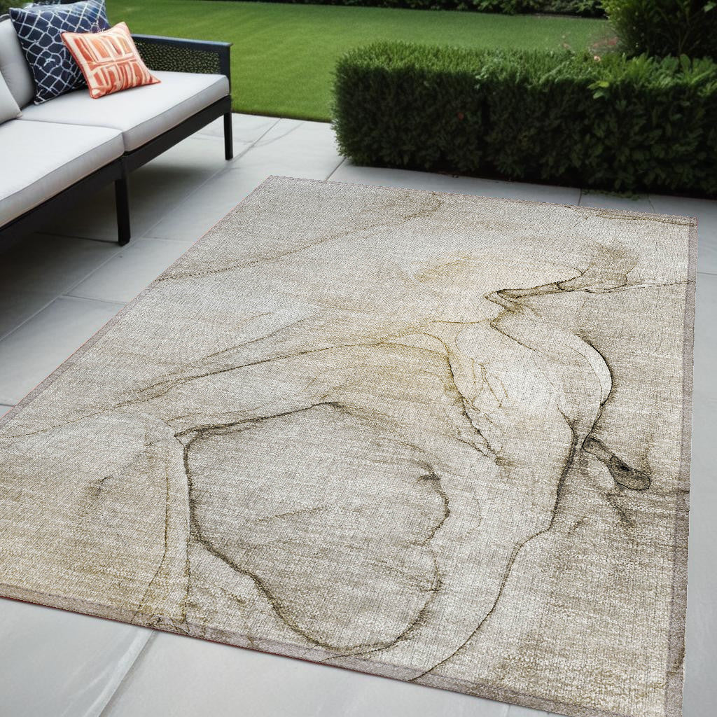 5 X 8 Beige and Gray Abstract Washable Non Skid Indoor Outdoor Area Rug