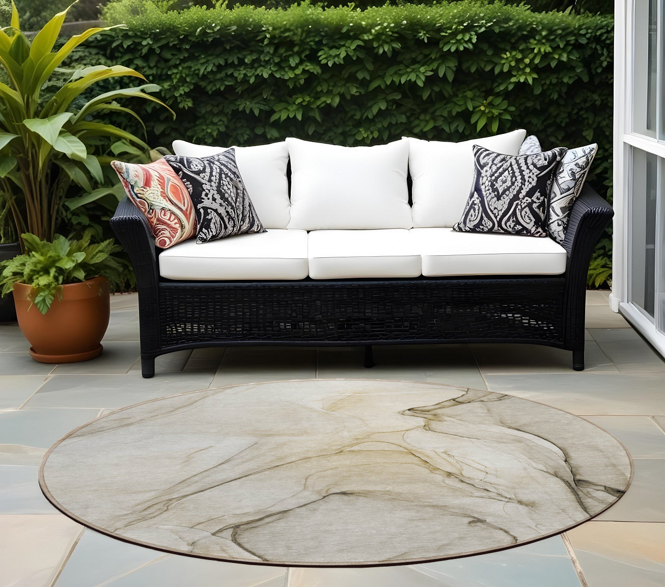 8 Round Beige and Gray Round Abstract Washable Non Skid Indoor Outdoor Area Rug
