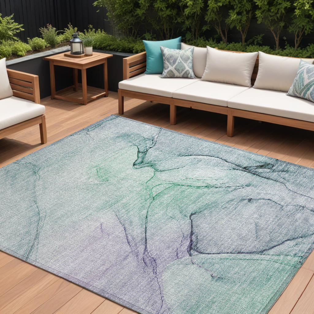 10 X 14 Blue and Gray Abstract Washable Non Skid Indoor Outdoor Area Rug
