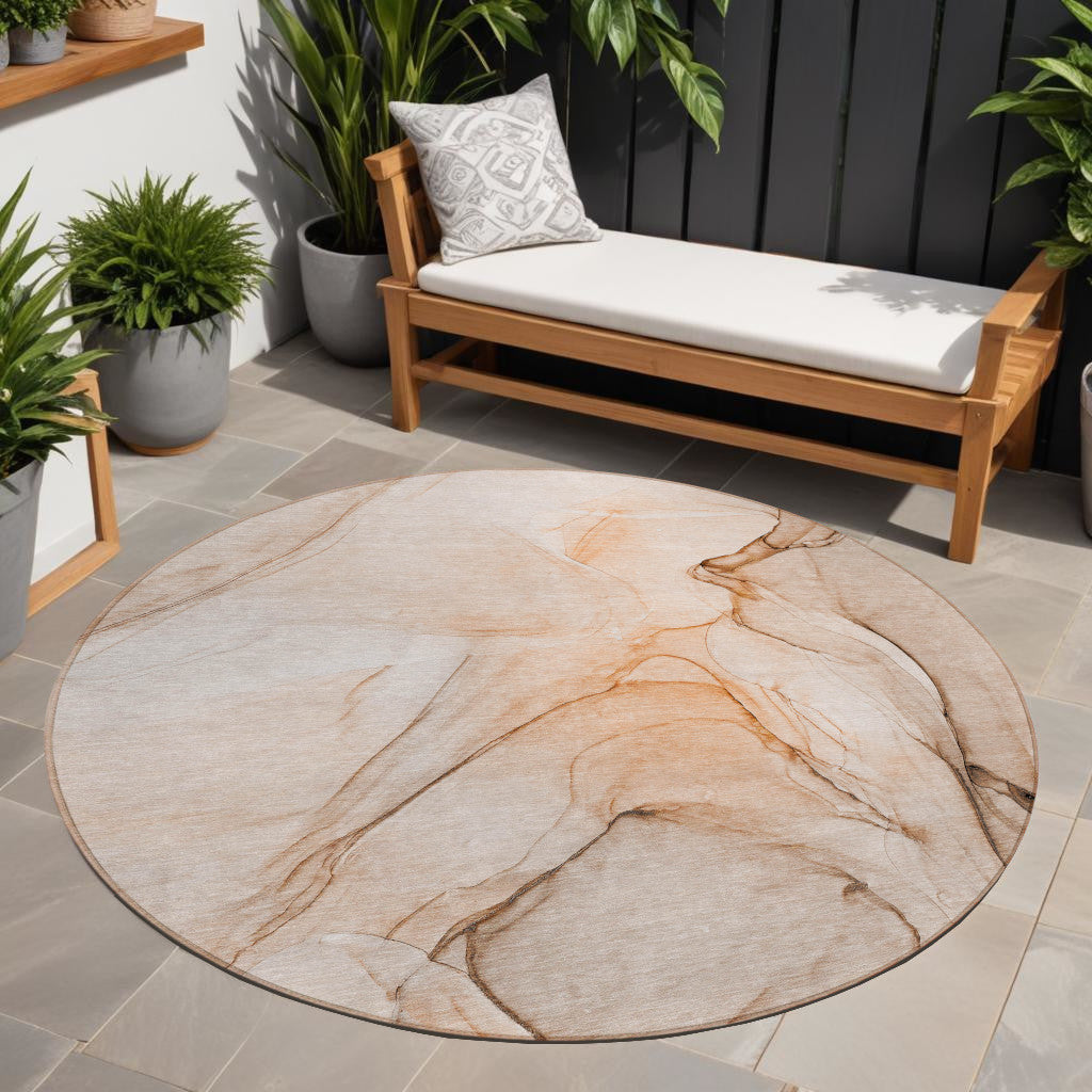 8 Round Gray and Orange Round Abstract Washable Non Skid Indoor Outdoor Area Rug
