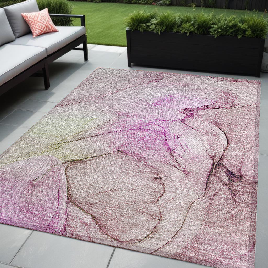5 X 8 Pink Abstract Washable Non Skid Indoor Outdoor Area Rug