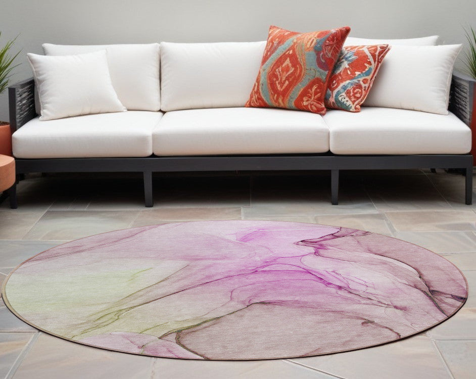 8 Round Pink Round Abstract Washable Non Skid Indoor Outdoor Area Rug
