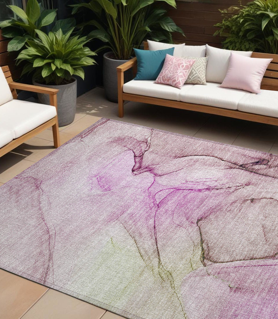 10 X 14 Pink Abstract Washable Non Skid Indoor Outdoor Area Rug