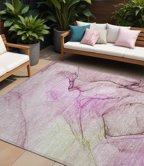 10 X 14 Pink Abstract Washable Non Skid Indoor Outdoor Area Rug