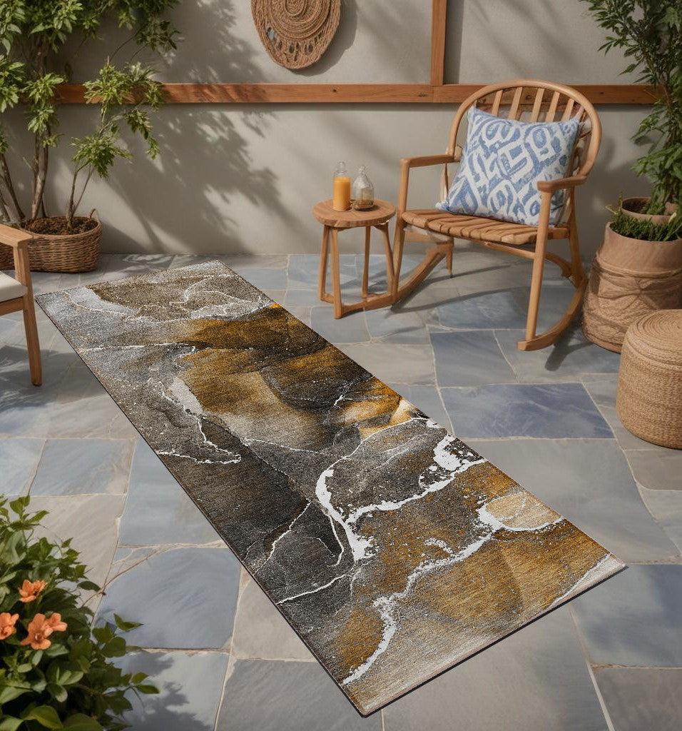 8 Runner Brown and Gray Abstract Washable Non Skid Indoor Outdoor Runner Rug