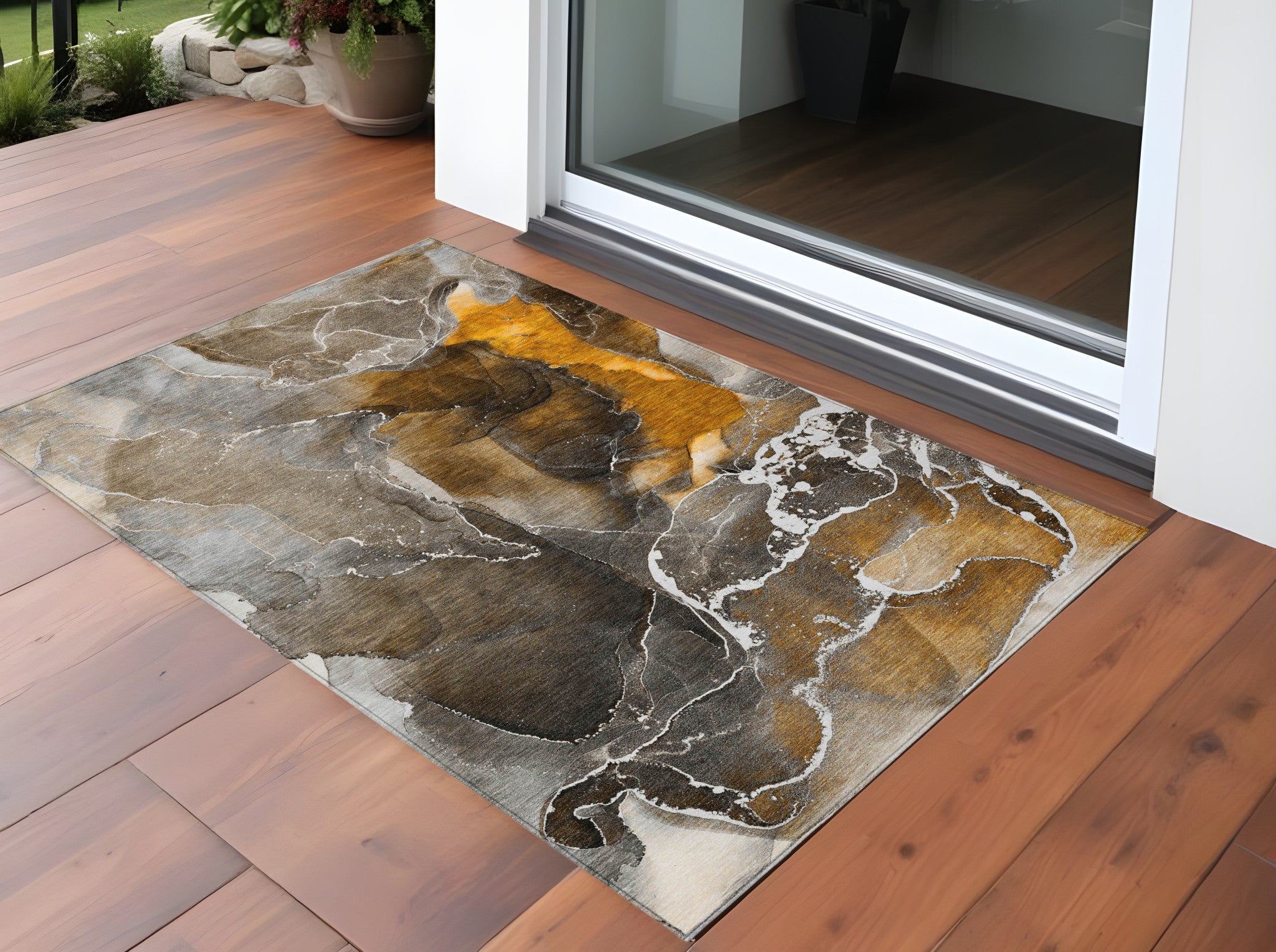 3 X 5 Brown and Gray Abstract Washable Non Skid Indoor Outdoor Area Rug