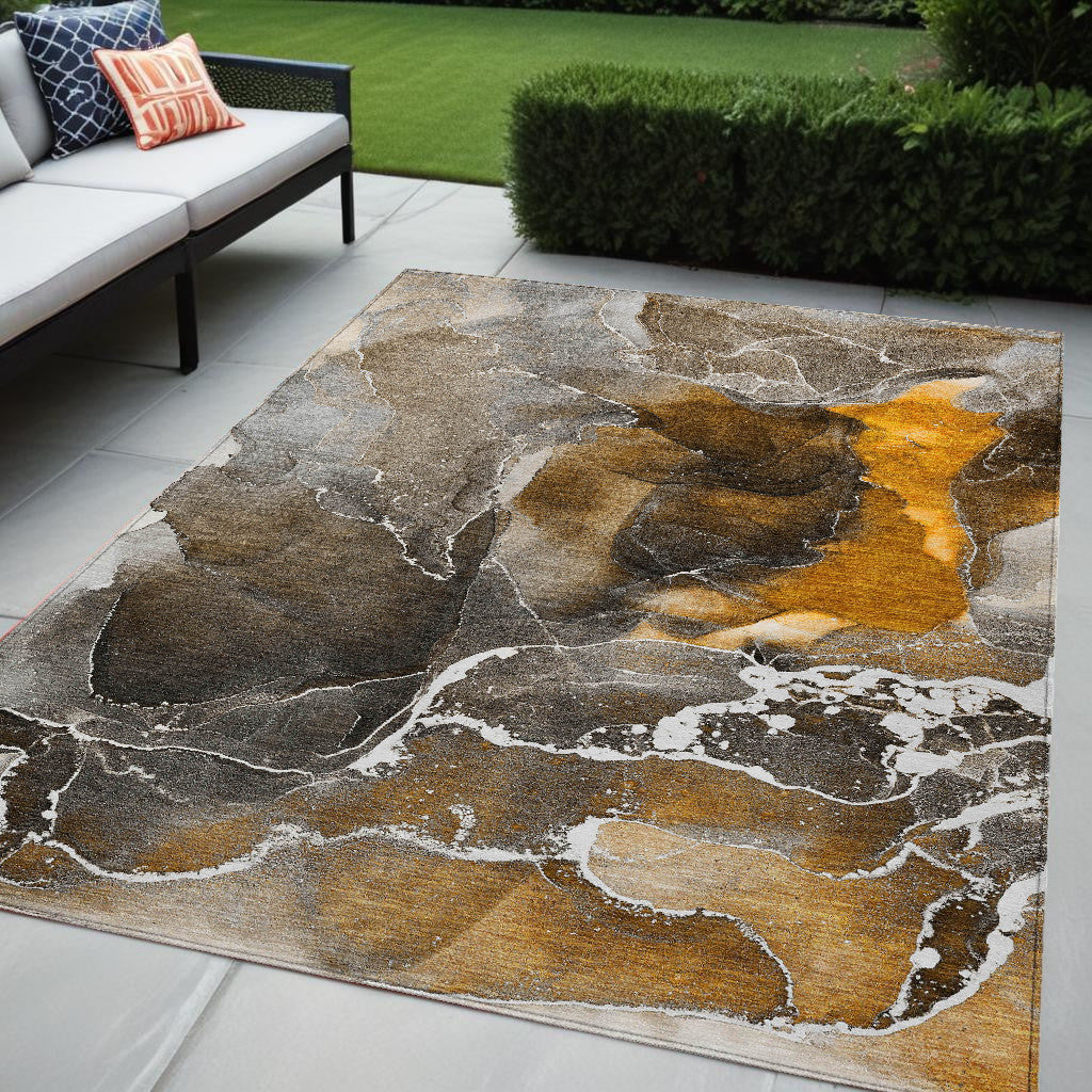 5 X 8 Brown and Gray Abstract Washable Non Skid Indoor Outdoor Area Rug