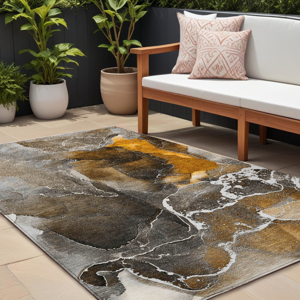 10 X 14 Brown and Gray Abstract Washable Non Skid Indoor Outdoor Area Rug