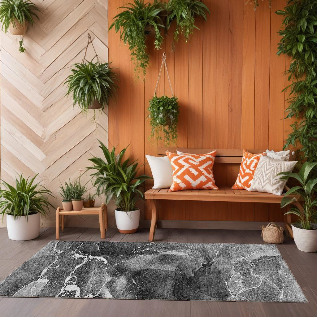 8 Runner Black Gray and White Abstract Washable Non Skid Indoor Outdoor Runner Rug