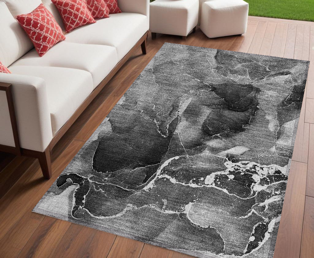 5 X 8 Black Gray and White Abstract Washable Non Skid Indoor Outdoor Area Rug