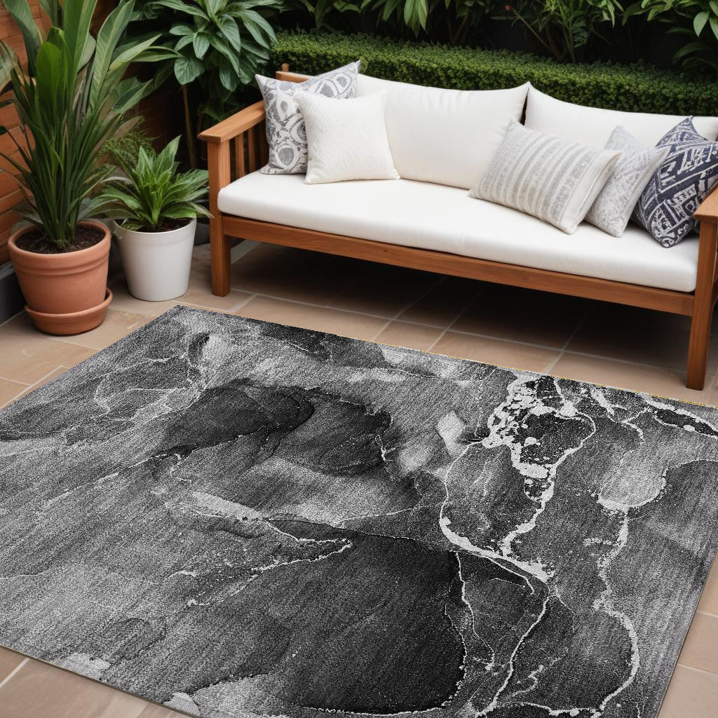 9 X 12 Black Gray and White Abstract Washable Non Skid Indoor Outdoor Area Rug