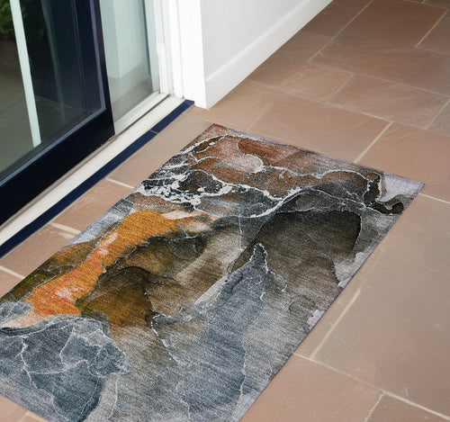 2 X 3 Orange Abstract Washable Non Skid Indoor Outdoor Area Rug