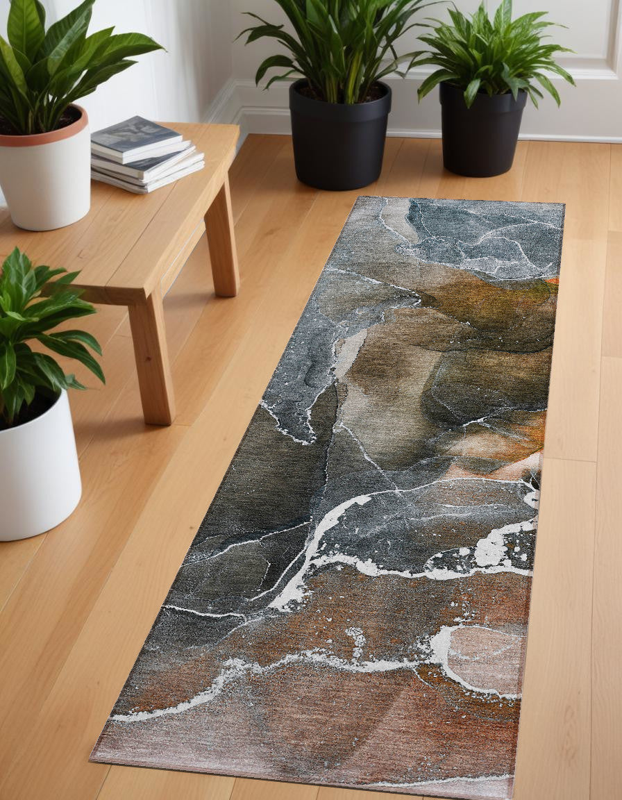 8 Runner Orange Abstract Washable Non Skid Indoor Outdoor Runner Rug