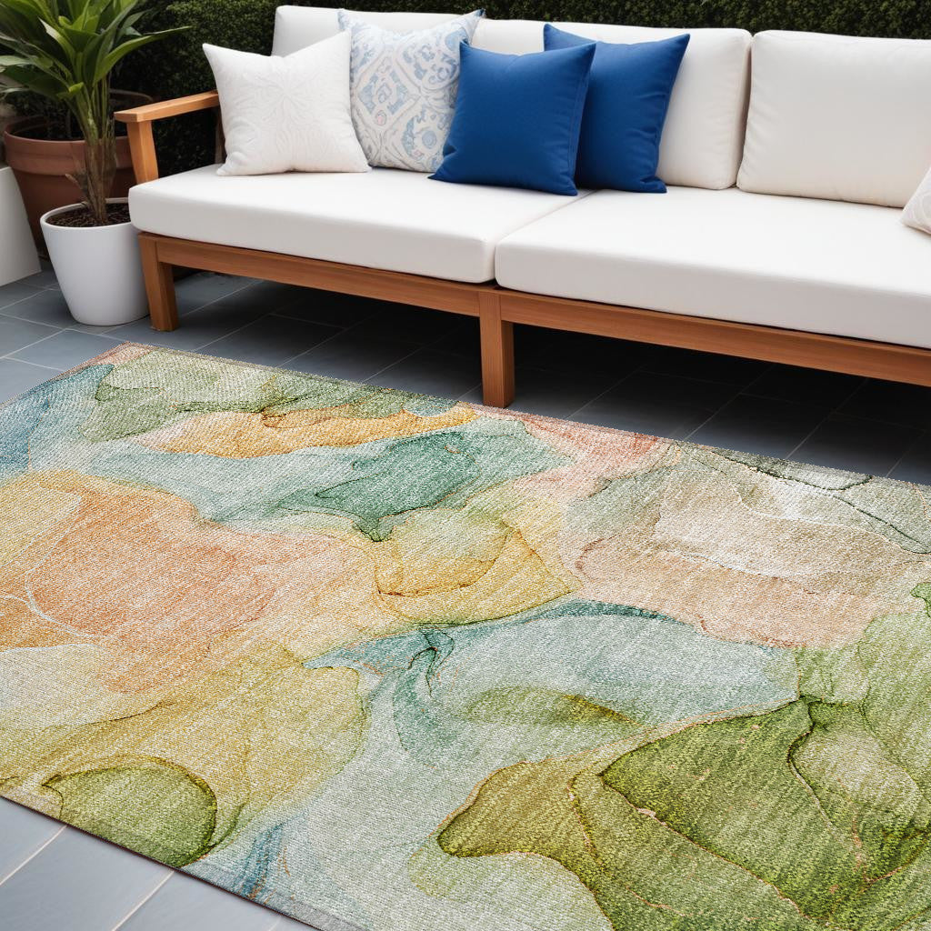 10 X 14 Blue Abstract Washable Non Skid Indoor Outdoor Area Rug