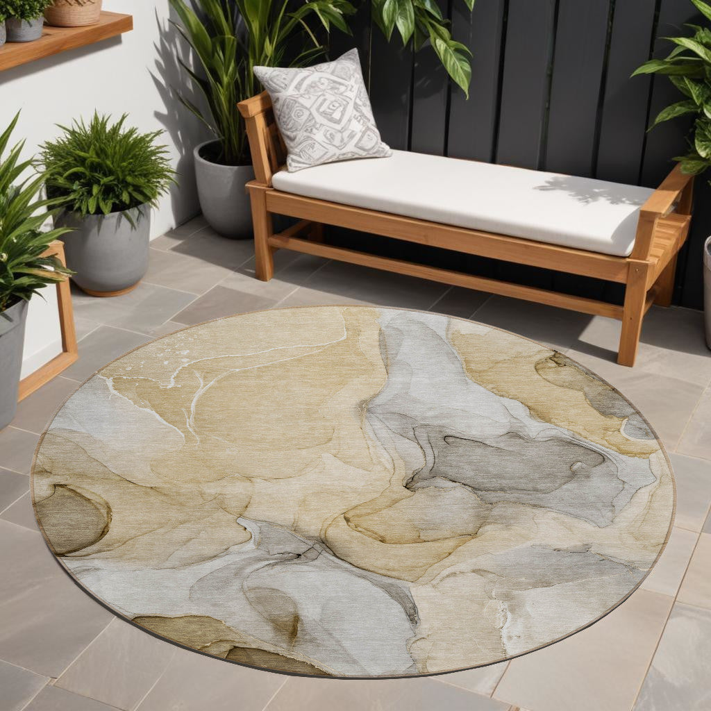 8 Round Brown Round Abstract Washable Non Skid Indoor Outdoor Area Rug