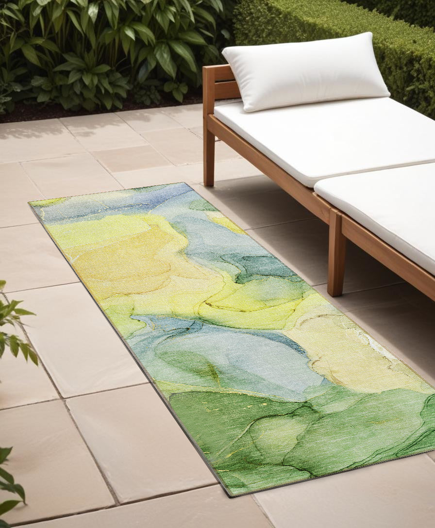 8 Runner Yellow Abstract Washable Non Skid Indoor Outdoor Runner Rug