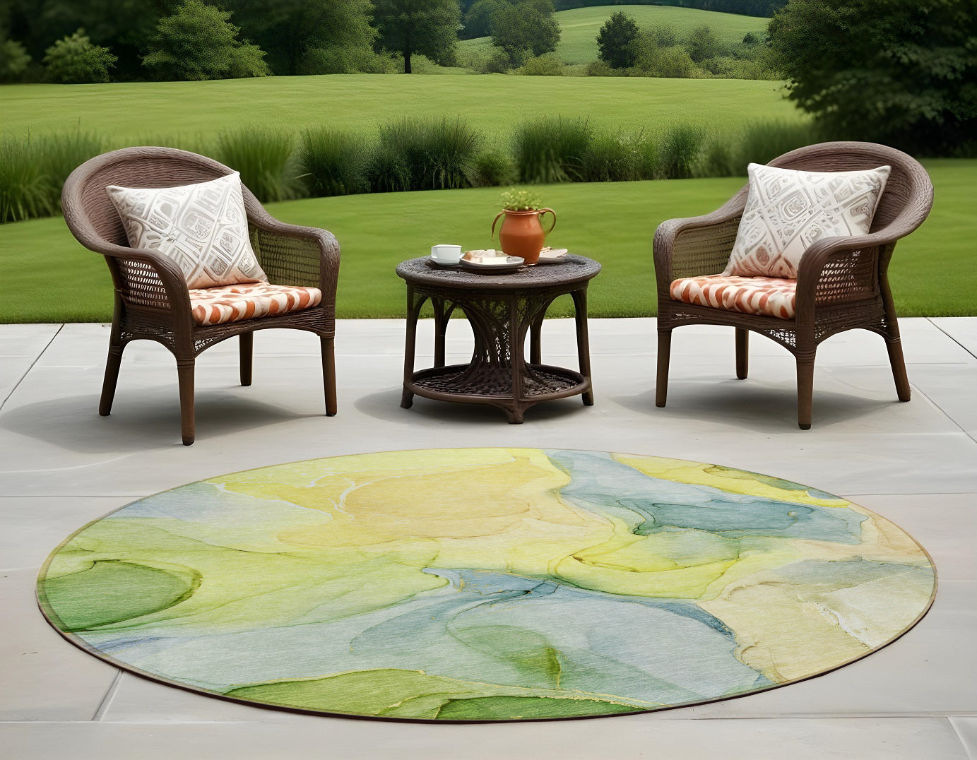 8 Round Yellow Round Abstract Washable Non Skid Indoor Outdoor Area Rug