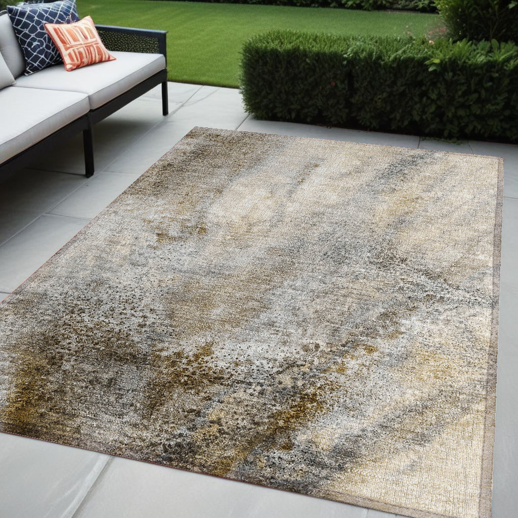 5 X 8 Beige Abstract Washable Non Skid Indoor Outdoor Area Rug