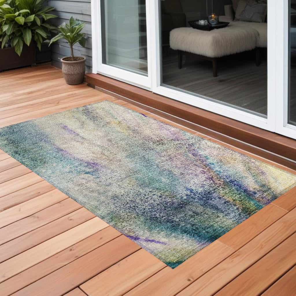2 X 3 Beige Blue and Gray Abstract Washable Non Skid Indoor Outdoor Area Rug