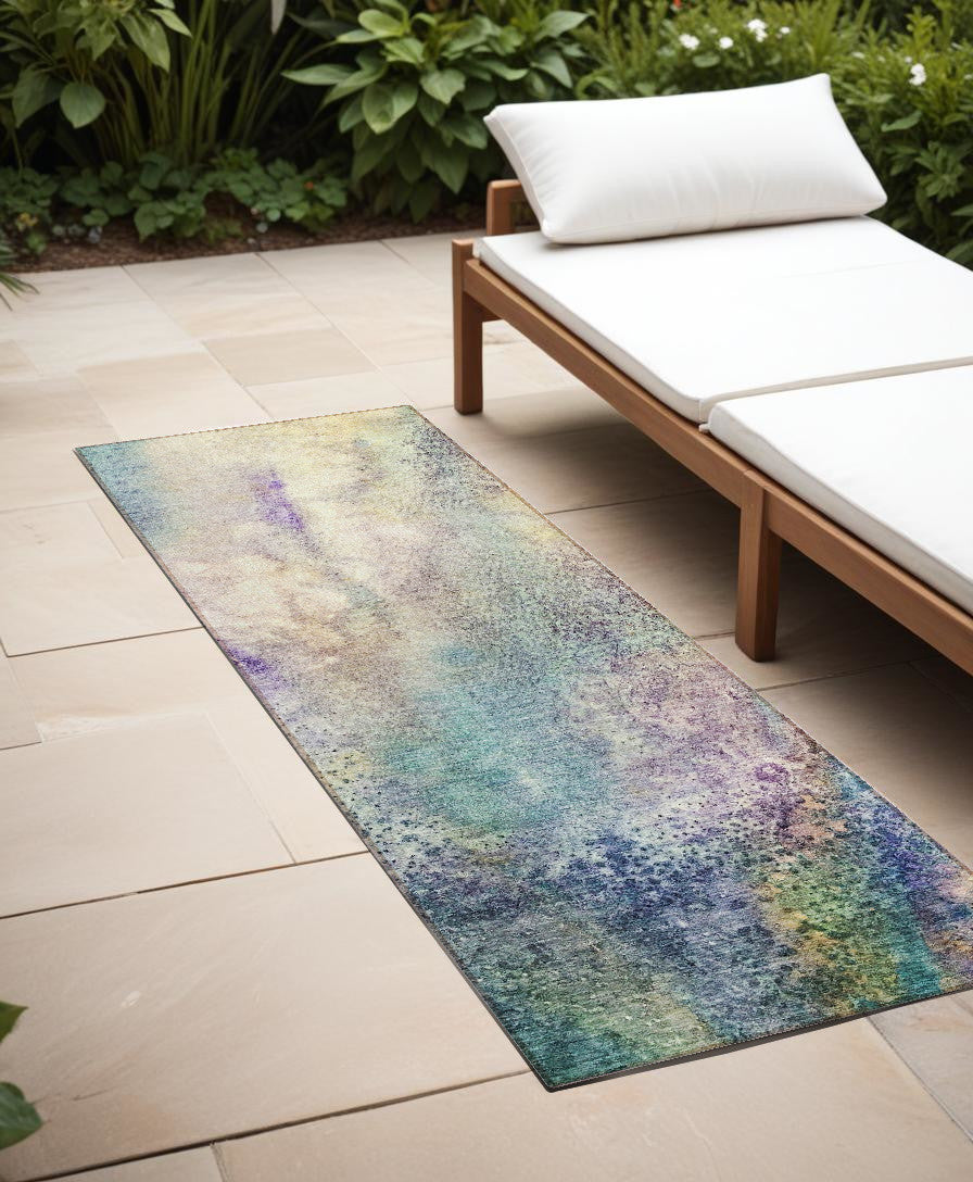 8 Runner Beige Blue and Gray Abstract Washable Non Skid Indoor Outdoor Runner Rug