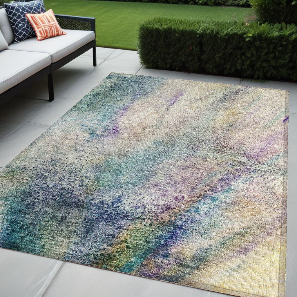 5 X 8 Beige Blue and Gray Abstract Washable Non Skid Indoor Outdoor Area Rug