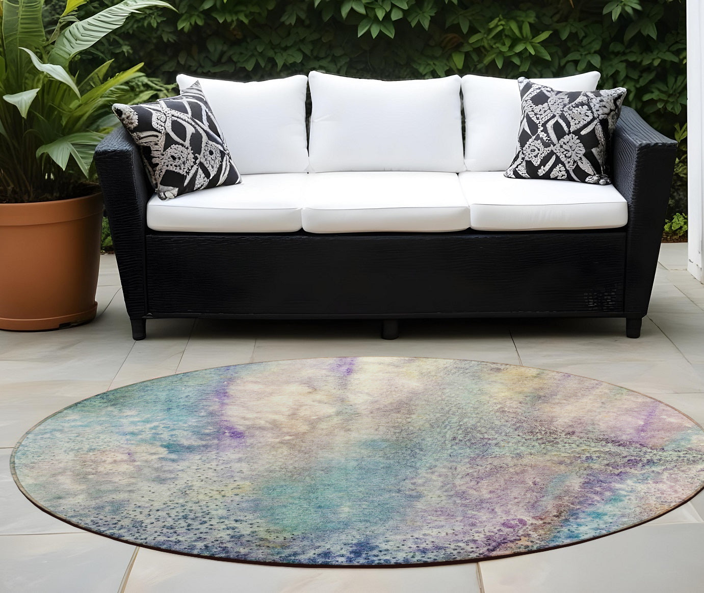 8 Round Beige Blue and Gray Round Abstract Washable Non Skid Indoor Outdoor Area Rug